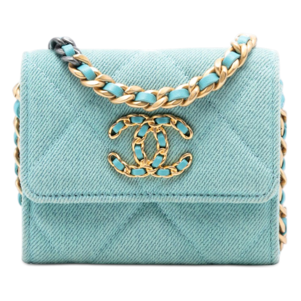 Pre-Loved Chanel Quilted Denim 19 Card Holder with Chain